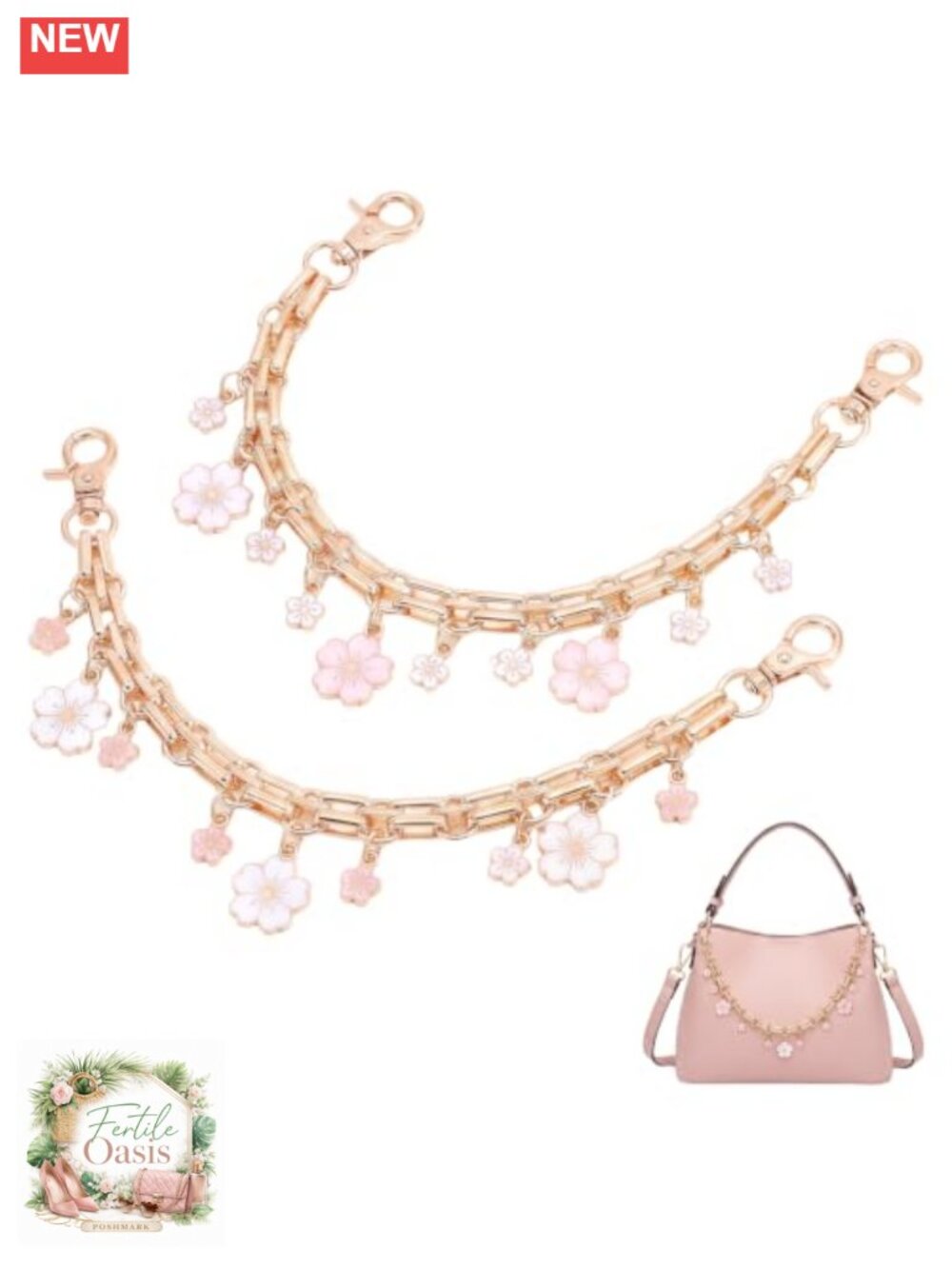 Set of 2 Metal Purse Charm Chains with Floral Decor for Handbag DIY